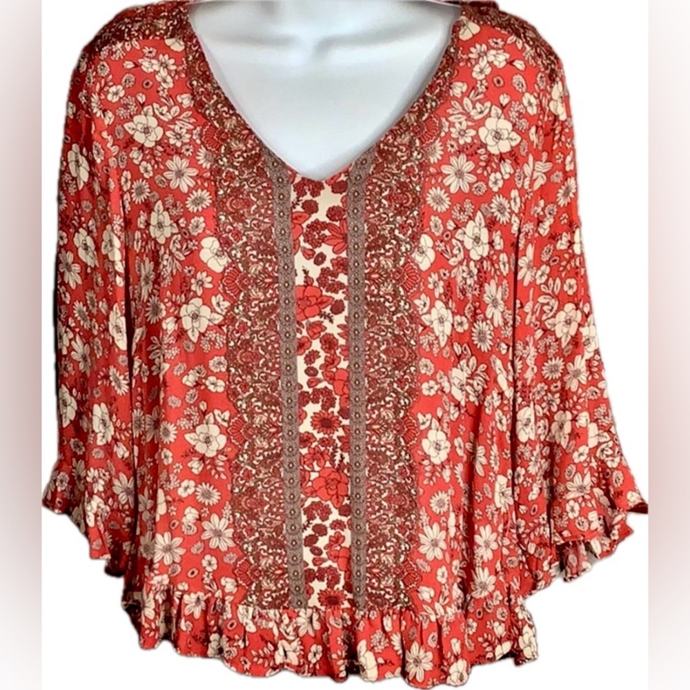 Cynthia Rowley M Top Ruffle Edge Paisley Floral Blouse Half Sleeve Gauzy Shirt